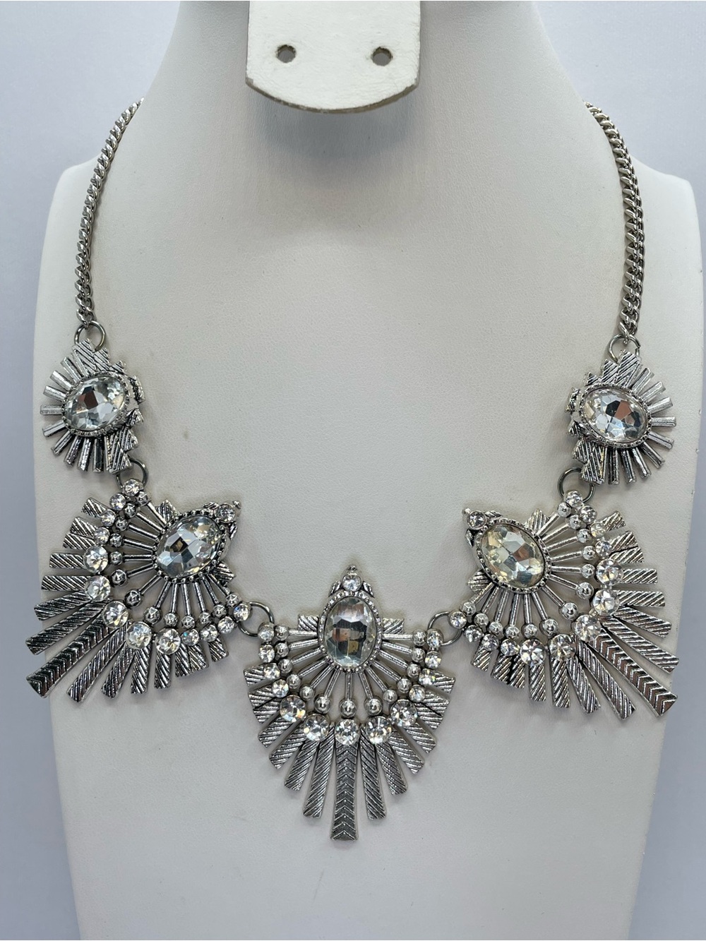 Silver Diamond White Crystal Sunburst Statement Necklace Art Deco Glam Bib